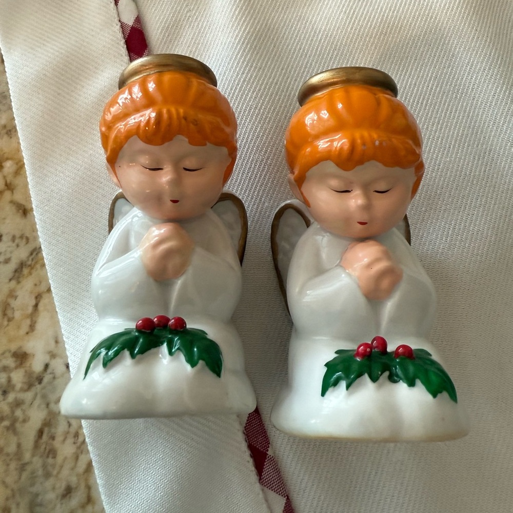 Vintage pair of kneeling praying angel Christmas Candle Holders